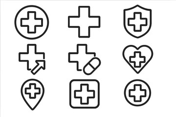 Obraz premium Set of medical cross line icons. Healthcare plus sign vector collection. First aid, hospital, pharmacy outline symbols. Health insurance, clinic location, and heart care pictograms.