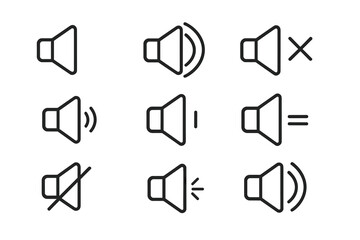 Speaker icon set. Sound volume line icons for web and mobile app user interface. Mute, unmute, sound on and off symbols. Audio player pictogram collection. Megaphone signs.