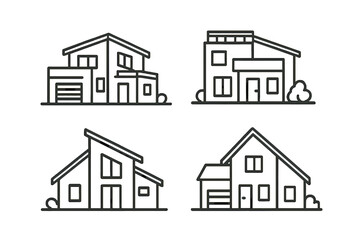 Modern house icon set. Line art home logo design. Real estate symbol. Architecture silhouette. Residential building graphic. Property vector illustration. Cottage collection.