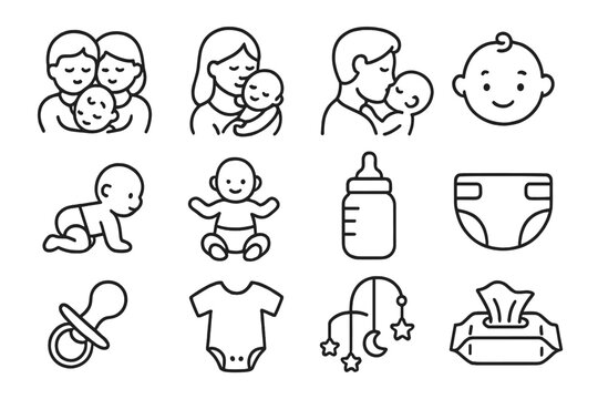 Baby Care Line Icons Set. Parenting, Newborn Essentials, Family, Mother and Father with Infant, Diaper, Pacifier, Bottle, Wipes, Onesie, Mobile, Crawling and Sitting Baby Outline Vector - Powered by Adobe