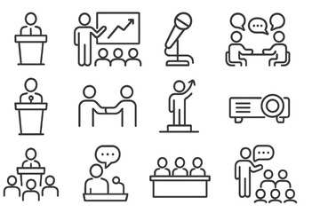 Various representations of public speaking, teamwork, and presentations in educational and professional settings