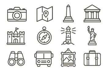 Various travel-related icons depicting maps, landmarks, transportation, and exploration tools for adventurous journeys