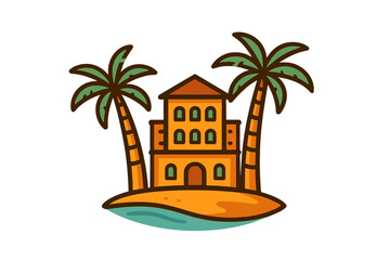 Tropical island resort with palm trees vector illustration. Cartoon building on a sandy beach. Summer vacation, travel destination, or real estate logo concept. Paradise getaway.