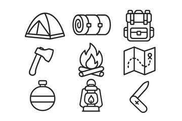 Camping equipment line icon set. Essential outdoor gear for adventure, hiking, travel, and survival. Vector illustration of a tent, backpack, map, campfire, lantern, axe, knife.