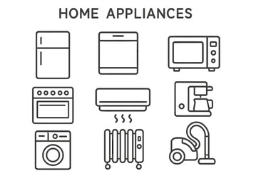 Home appliances including refrigerator, oven, microwave, washing machine, and vacuum cleaner in a modern kitchen setup