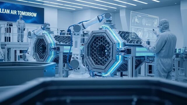 Wideangle shot of a futuristic manufacturing plant where directair carbon capture contactor modules are assembled efficiently.