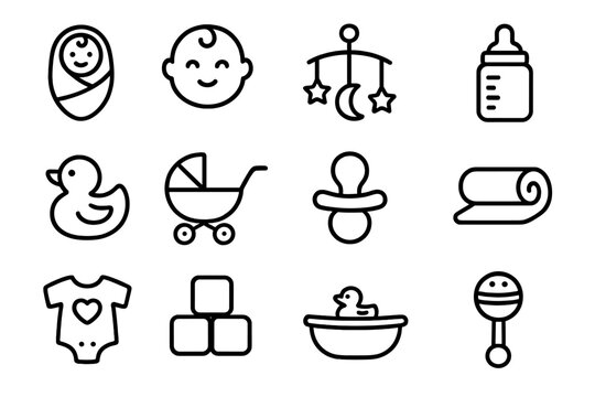 Baby care thin line icons set. Newborn and infant symbols for parenting and maternity. Vector collection of stroller, bottle, pacifier, duck, rattle, baby shower items.