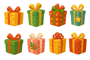 Set of colorful gift boxes. Wrapped presents with bows for holiday celebration like Christmas or a birthday. Vector cartoon illustration icons. Festive surprise packages.