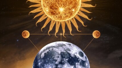 Sun and moon celestial artwork, solstice and equinox concept, cosmic harmony and balance