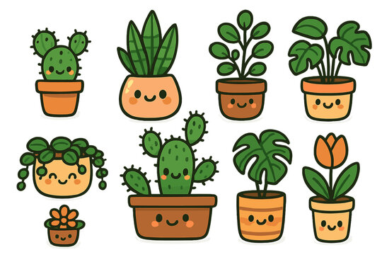 Cute kawaii potted plants characters collection. Cartoon vector set of happy smiling house plants in pots. Includes cactus, succulent, monstera and flower mascots. Isolated icons.