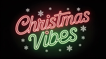 Festive christmas vibes neon sign with snowflakes on a dark background, perfect for holiday greetings, party invitations, and seasonal decorations to add a touch of retro glow