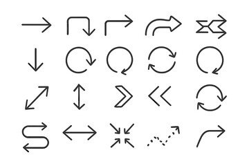 Arrow icon set. Collection of black line pictograms for navigation and direction. Simple outline symbols for web design, UI, UX, app, and infographic elements. Vector.