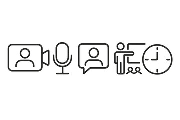 Online meeting and communication line icon set. Video conference, webinar, presentation, and chat symbols. Business collaboration and time management vector icons.