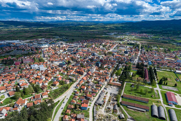 Pozega Uzicka, drone view of town in Serbia