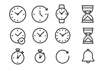 Time and clock line icon collection. Simple outline vector icons of watch, hourglass, stopwatch, timer, and alarm bell. Time management, deadline, history concepts. Editable stroke.