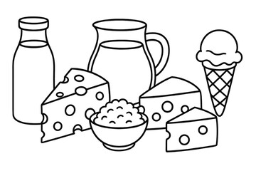 Dairy products vector illustration set. Milk in bottle and jug, variety of cheese, cottage cheese, ice cream cone. Farm fresh food. Healthy nutrition concept. Simple outline icons.