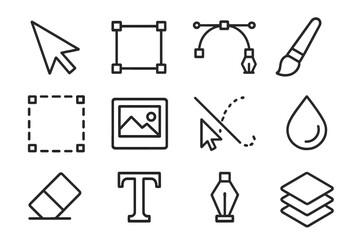 Graphic design line icon set. Digital editing and vector tools collection. UI, UX elements for web and app interface. Includes cursor, pen, brush, and layers symbols.