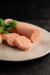 Sausage spread sandwich pork spread natural product tasty snack fresh delicious gourmet food background on the table rustic top view copy space