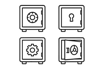 Safe and vault outline icon set. Money security and financial protection concept. Bank deposit box with combination lock, keyhole, and gear symbol. Editable stroke vector.