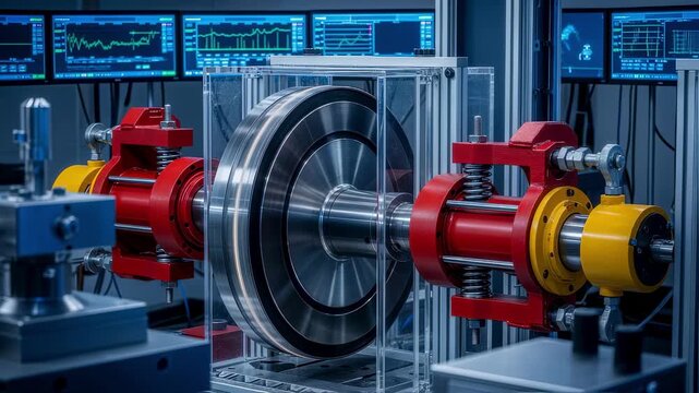Side view of a robust flywheel rotor in a spintest rig surrounded by digital control panels and vibration dampers.