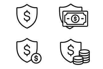 Money protection icon set. Financial security and insurance concept. Shield with dollar sign, cash, and coins. Secure payment, savings guarantee, and investment safety vector.