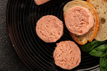 Sausage spread sandwich pork spread natural product tasty snack fresh delicious gourmet food background on the table rustic top view copy space