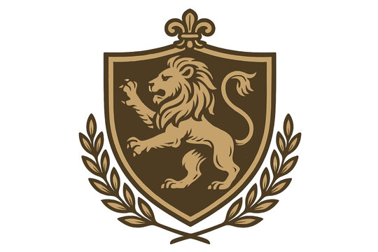 Vintage heraldic shield with rampant lion and laurel wreath. Royal crest emblem with fleur-de-lis. Luxury, classic, retro vector logo insignia for company or team branding.
