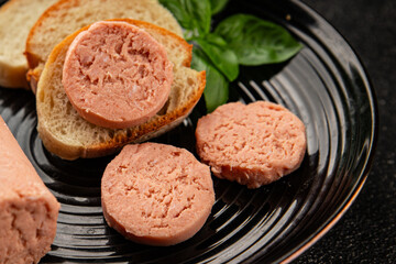 Sausage spread sandwich pork spread natural product tasty snack fresh delicious gourmet food background on the table rustic top view copy space