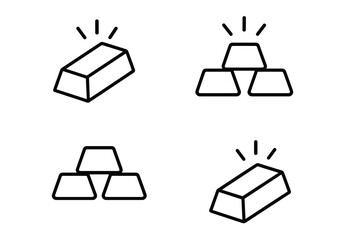 Gold bar and bullion stack outline icon set. Simple line art vector illustration for finance, banking, and investment concepts. Shiny precious metal ingot for wealth and treasure.
