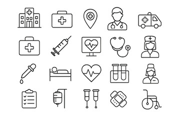 Medical icon set. Healthcare line icons. Hospital, clinic, emergency symbols. Doctor, nurse, ambulance, first aid kit, syringe, stethoscope. Editable stroke vector for web, app.