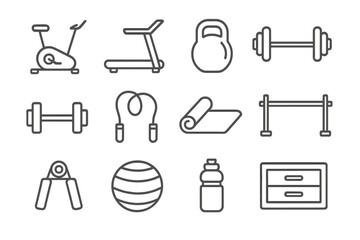 Fitness equipment line icon set. Gym exercise and workout tools collection. Vector outline symbols for health and wellness. Dumbbell, treadmill, kettlebell, jump rope icons.