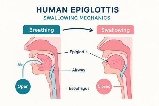 Human Epiglottis Swallowing Mechanics Diagram, Illustration of Breathing and Swallowing Process [Illustration]