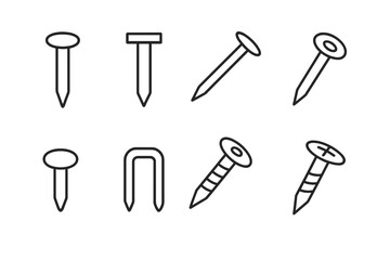 Nail and Fastener Icon Bundle, Thin Line Editable Stroke Vector Set for Web Design, Apps, Print Media, Books, Cards, and Digital Use, Transparent Background, Ordered Collection