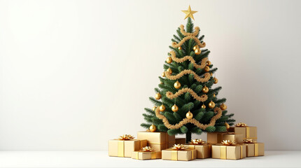 Christmas tree with golden ornaments and gifts isolated on white background, perfect for holiday celebrations and festive decorations, with copy space for new year greetings and winter season