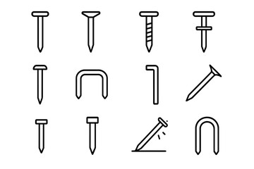 Nail Icon Collection Thin Line Set with Editable Stroke for Web Design, Books, Cards, Apps, Vector Cartoon Illustrations on Transparent Background, Ordered Pack