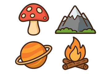 Fototapeta premium Set of cartoon icons. Mushroom, mountain, planet, bonfire. Vector line art for web, apps. Nature, outdoor, space, and adventure symbols. Flat design elements collection.