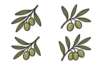 Set of olive branch vector illustrations. Green olives with leaves logo design elements. Healthy mediterranean food icon collection for package, cosmetic or olive oil.