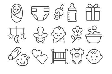 Newborn baby icons set with editable stroke, thin line vector illustrations for websites, books, cards, apps, and digital projects, cute cartoon style with transparent background