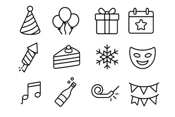 Holiday celebration outline icon set. Festive seasonal party symbols. Birthday, new year, christmas event pictograms. Vector illustration collection for design elements.