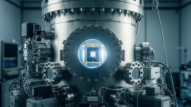 Detailed view of a vacuum test chamber designed to replicate space conditions for weather satellite sensor calibration and stress testing.