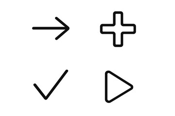 Simple linear interface illustration with arrow, plus, check, and play icons, perfect for card, post, app, and website design, vector cartoon style, modern and minimalistic
