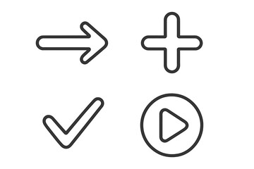 Simple linear interface illustration with arrow, plus, check, and play icons, perfect for card design, social media posts, app UI, website graphics, vector cartoon style