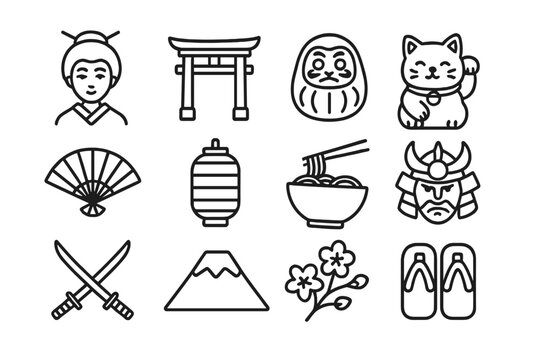 Japan culture line icon set. Traditional japanese heritage symbols collection. Vector illustration of geisha, torii gate, samurai, ramen, fuji, daruma, maneki neko cat.