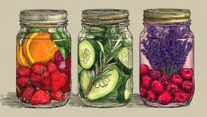 Three glass jars filled with fruit and herbs. Each jar contains different ingredients oranges, strawberries, and mint; cucumber, rosemary; lavender, raspberries. Vintage style illustration