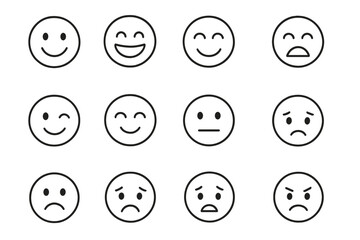 Smile Pack of Thin Line Icons, Editable Stroke Vector Set with Transparent Background, Cartoon Style Emoticons for Websites, Books, Cards, Apps, Ordered Collection of Expression Symbols