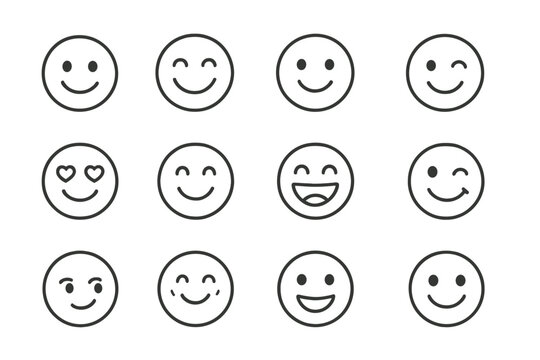 Smile Outline Simple Linear Image Collection with Editable Stroke for Web, Books, Cards, and Apps, Vector Cartoon Emoticon Icons with Transparent Background and Happy Facial Expressions
