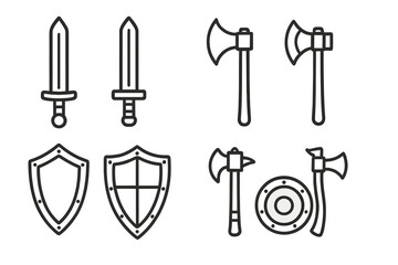 Medieval weapon line icon set. Collection of swords, axes, and shields for battle. Knight armoury and fantasy RPG game assets. Simple outline vector illustration isolated.