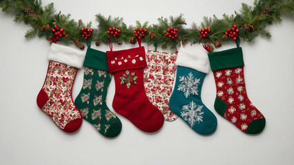 A festive display of christmas stockings hanging under a garland of fir branches and berries, perfect for creating a cozy and decorative holiday atmosphere