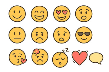 Emoji icon set hand-drawn cartoon style. Vector illustration of emoticons with many expressions like smile, love, sad, angry, cool. Cute character faces for social media.