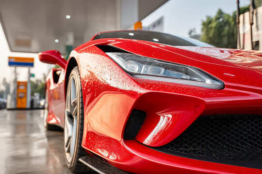 Close-up of a sleek red sports car at a gas station